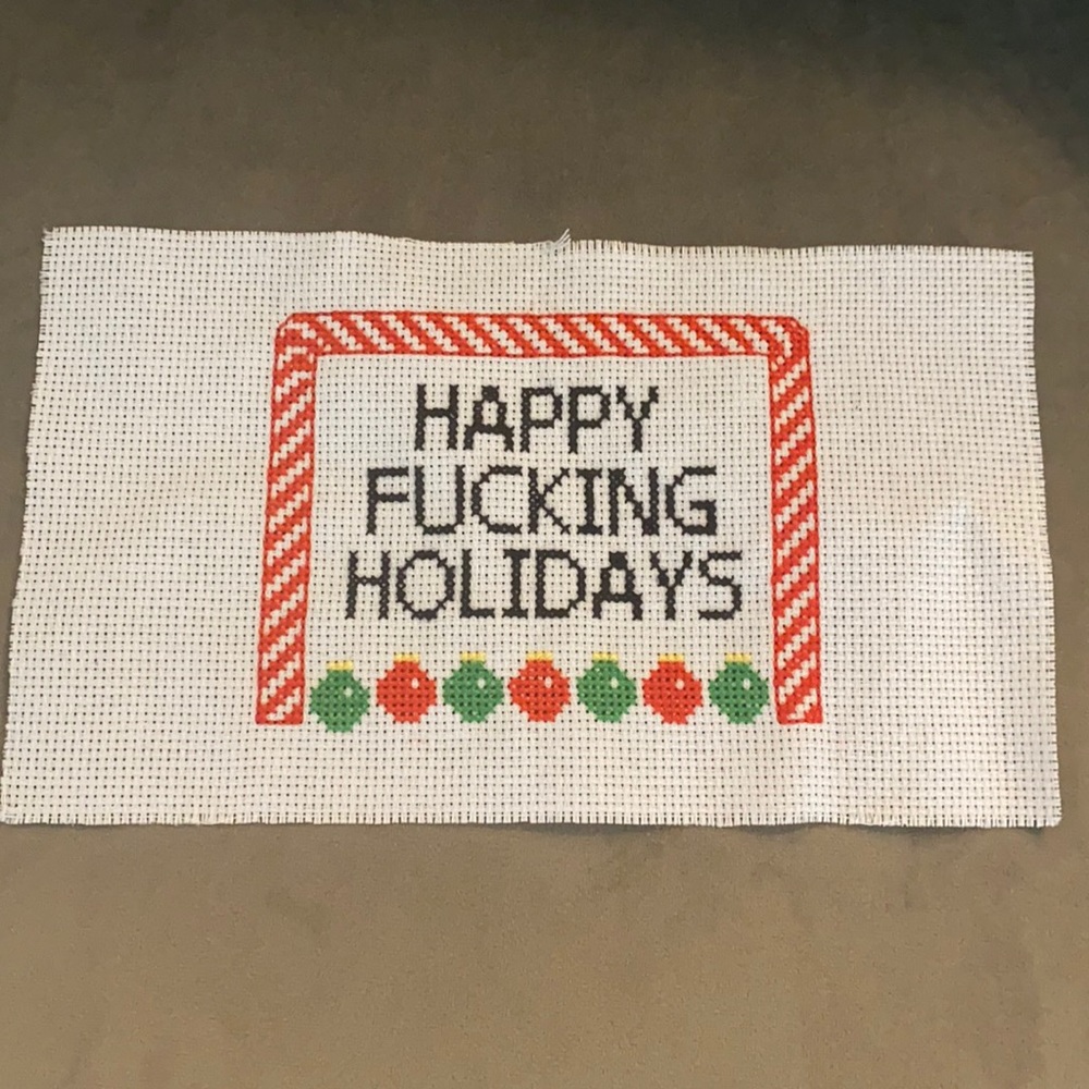 Brand new ✨ Happy Fucking Holidays handmade cross stitch decoration